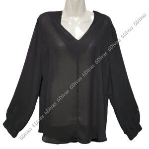 Black Long Sleeve V NeckLight Thin Blouse Top Size L